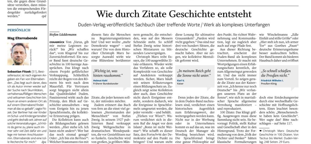 "Wi durch Zitate Geschichte entsteht". Dr. Stefan Lüddemann, Neue Osnabrücker Zeitung vom 27. April 2023.